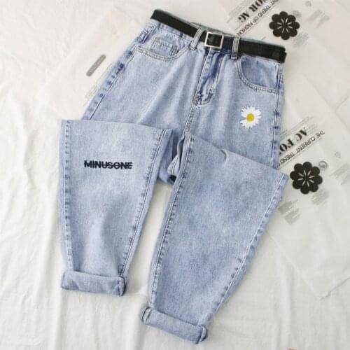 JESSIC Daisy Embroidery Denim Women High Waist Size Denim Harem Trousers Mujer Vintage Casual Jeans Straight Women Pant