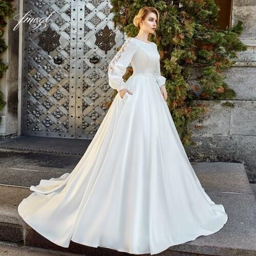 Fmogl Long Sleeve Matte Satin Button Princess Wedding Dresses 2021 Luxury Appliques Lace Sweep Train Vintage A Line Bridal Gowns
