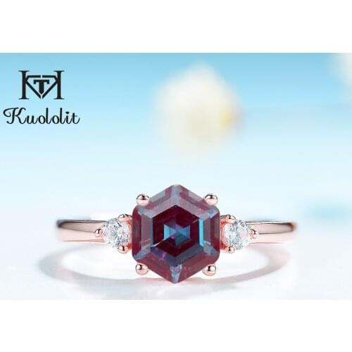 Kuololit 2CT lab grown Alexandrite Gemstone Ring for Women 925 Sterling Silver 585 rose gold hexagon Luxury Ring Fine jewerely