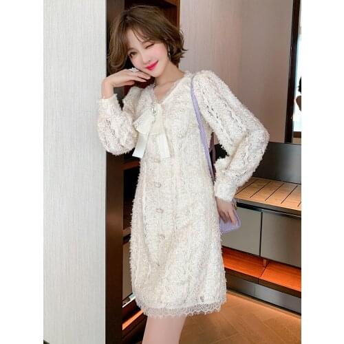 Lace fringe V-neck diamond-studded bow tie bead buckle waist dress womens 2020 autumn new