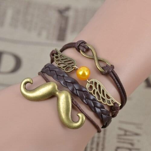 Hot sales vintage braided Moustache wing imitation pearl metal leather bracelet multilayer rope bracelets wholesale