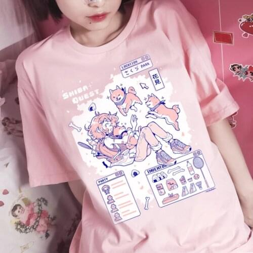 Harajuku Kawaii Cute Shiba Inu Doge Summer T-Shirts Japanese Fun Pink Sweet Girl Y2K Cartoons Streetwear Loose Women Casual Tops
