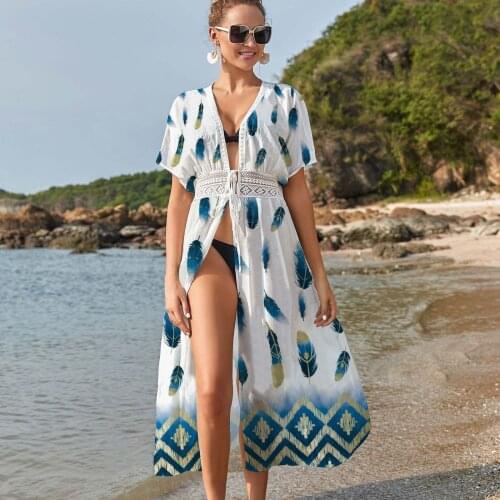 Fashion Chiffon Print Blouse Long Cardigan Loose Shawl Bikini Cover Up Summer Top Female Womens Kimono Dress Chiffon Top plage