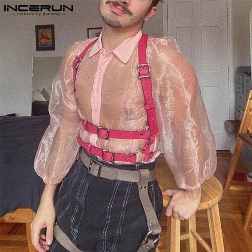 2021 Men Mesh Shirt Solid Color Lapel Long Sleeve Transparent Men Clothing Sexy Streetwear Party Nightclub Shirts S-5XL INCERUN