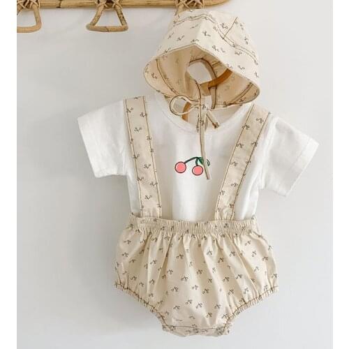 New Summer Infant Baby Girls Cherry Short Sleeve T-shirt + Braces Shorts Clothing Sets Kids Girl Clothes Suits