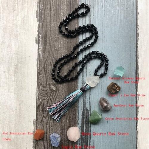 New Design Raw Stone Pendant Necklace Handemade Knotted Boho Jewely 8mm Star Cut Black Onyx Beaded Tassel Necklace For Unisex