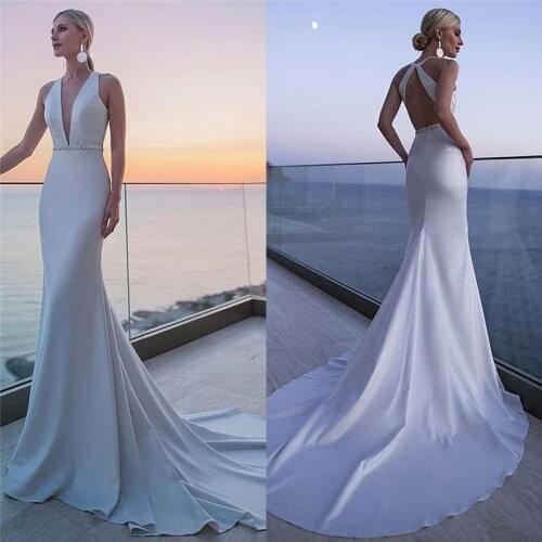 Jewel Mermaid Simple Wedding Dresses Natural Slim 2020 Sexy Open Back Beaded Waist Bridal Gowns Garden Fashion