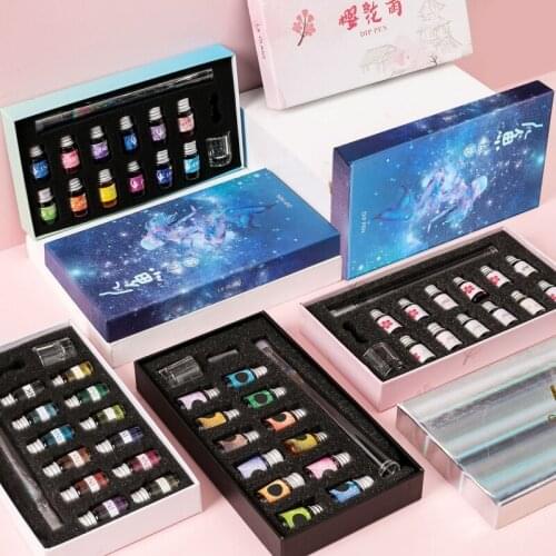Crystal Glass Pen Starry Sky Dip Pen Glitter Powder Fountain Pen 12 Colors Ink Gift Box Set Writing Supplies Dropshipping