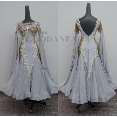GOODANPAR Standard Ballroom Dance Competition Dresses Women Ladies with bodysuit bra cup Lycra Organza Walt gray Long Sleeve
