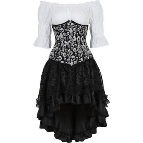 Steampunk Skull Print Underbust Corset Dress Gothic Corsets and Bustiers Lingerie with Skirt Sets Burlesque Skirt Three-piece