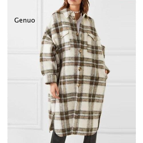 Turn Down Collar Loose Women Woolen Coat Plaid Casual Elegant Wool Jacket Women Long Coat Oversize Coat
