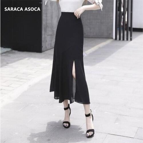 Summer Bohemian Long Chiffon Split Trumpet Skirt Women High Waist Ankle-Length Ruffles Slim Hip Print Mermaid Skirt For Girl