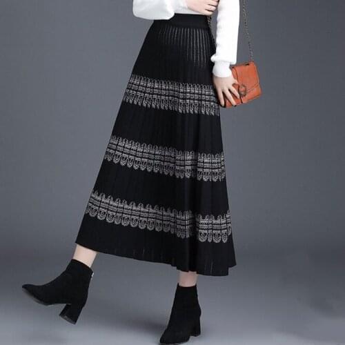 2021 New Knitted Womens A-line Skirt Mid Autumn Winter Long Wrap Hip High Waist Thickenin Printed Skirt Girls Wool Skirt Black