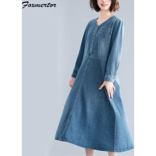 Foxmertor Plus size Women denim dress Casual Long Sleeve Buttons Down Long Dresses Spring Autumn Denim Blue Loose Cowboy Vestido