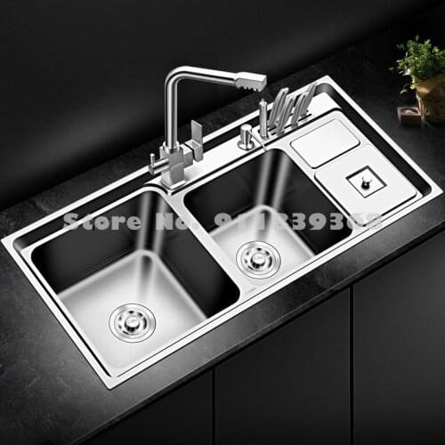 304 Stainless Steel Nano Household Kitchen Sink Double Trough Three Trough With Trash Can Knife Holder Vegetable Sink Set
