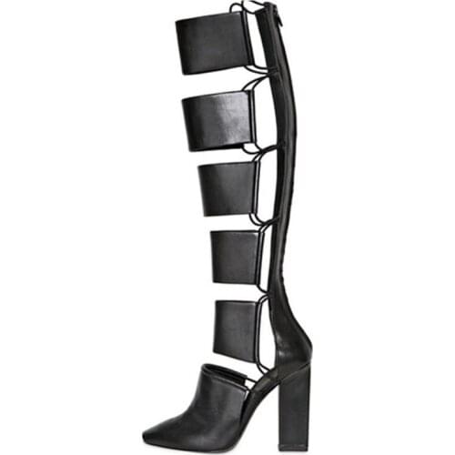 Hollow Rome Boots Back Zipper Pointed Toe Knee High Block Heel Gladiator Women Summer Boots Elastic Strap Black Leather Boots