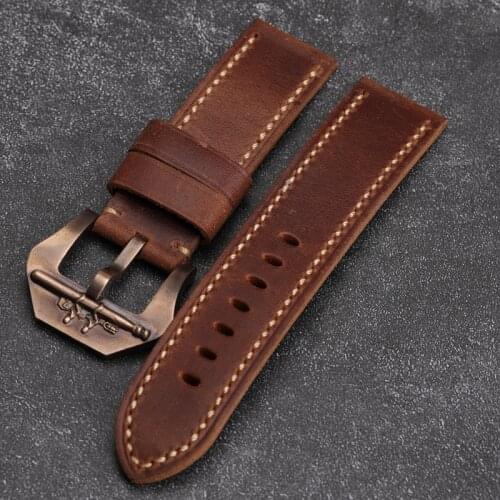 Submarine Shaped Bronze Buckle 22 24 26MM Suitable For Bronze Watch Leather Strap Mens Handmade First Layer Leather Bracelet
