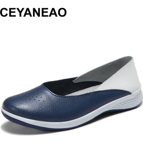 CEYANEAO2018Ladies Flat Shoe Comfortable Leather Ballet Flats Shoes Woman Causal Slip On Shallow Shoes Women Large Big SizeE1195