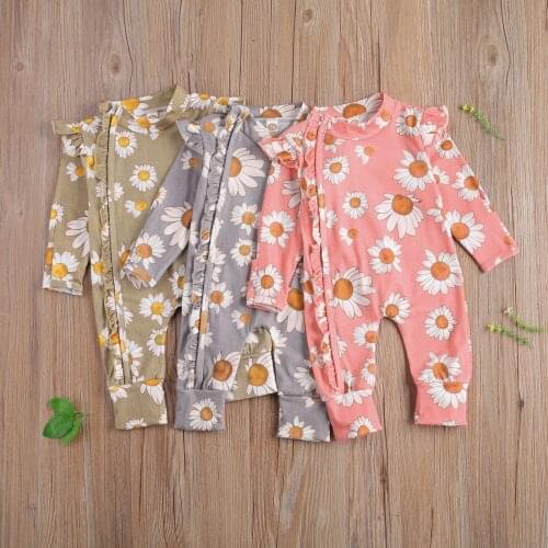 0-24M Newborn Cotton Romper Baby Girls Long Sleeve Floral Print Zipper Long Romper Infant Toddler Ruffles Outfit Sunsuit Clothes