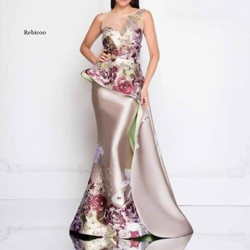 Elegant Formal Gown O-Neck Flowers Pattern Trumpet / Mermaid Satin Evening Dress Mother of The Bride Dresses
