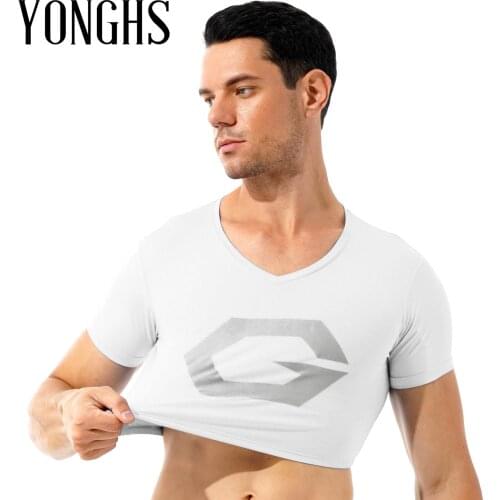 Mens Summer Top Tees Crop Top for Sport Fitness Yoga Dance Stylish Print V Neck Cropped T-shirt Breathable Short Sleeve Vest