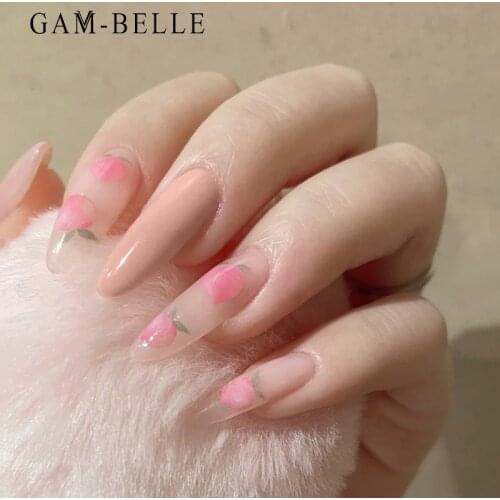 GAM-BELLE 24Pcs Summer Pink Peach Pattern False Nails French Long Oval Artificial Press On Nails Art Decoration Manicure Tool