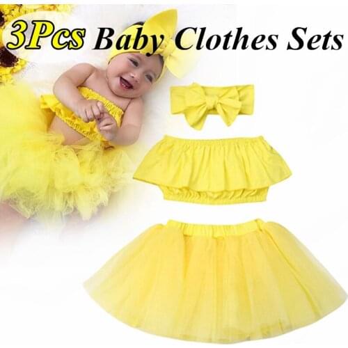 3Pcs Summer Kids Baby Girl Clothes Sets Cute Ruffle Strapless Crop Tops + Tulle Skirt Ball Gown + Headband Girl Outfits 0-24M
