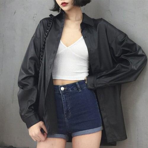 2021 Spring Autumn Black Faux Leather Basic Coat New Women PU leather blouses Turn-down Collar Motor Biker Jacket