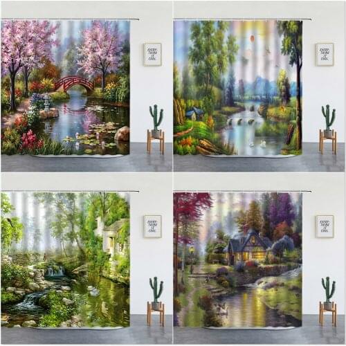 Oil Painting Scenery Shower Curtains Flowers Plant Swan Spring Landscape Bath Curtain Waterproof Bathroom Decor Polyester Cloth