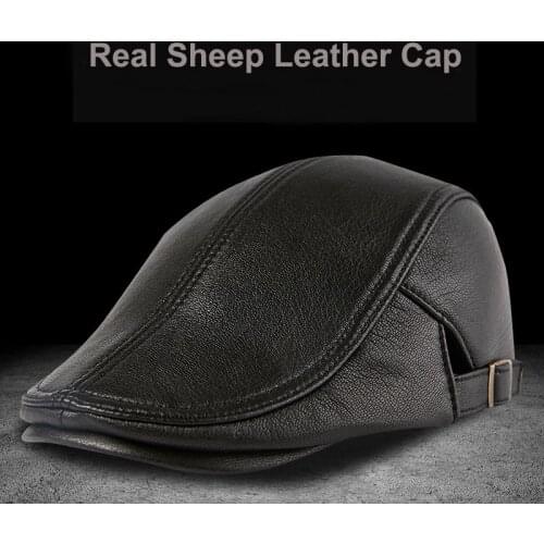 High Quality Gatsby Men Beret Hat Real Leather Flat Cap Sheepskin Autumn Winter Male Brown Adjustable Mens Beret Caps