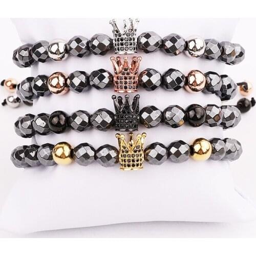 Men Bracelet Jewelry Hematite Beads CZ Pave Crown Charm Braided Custom Beaded Macrame Bracelet Men Gift