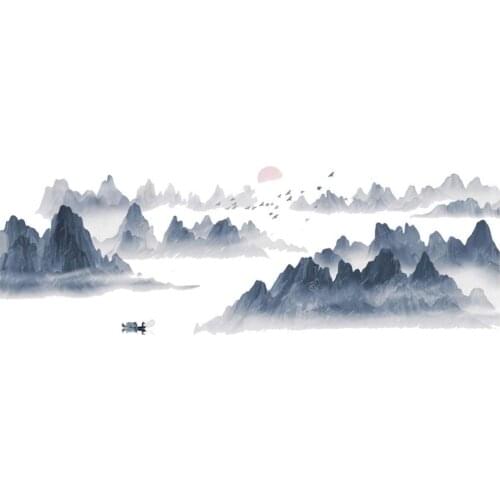 Chinese style sunset landscape wall sticker High-grade wallpaper living room bedroom mural background home decoration stickers