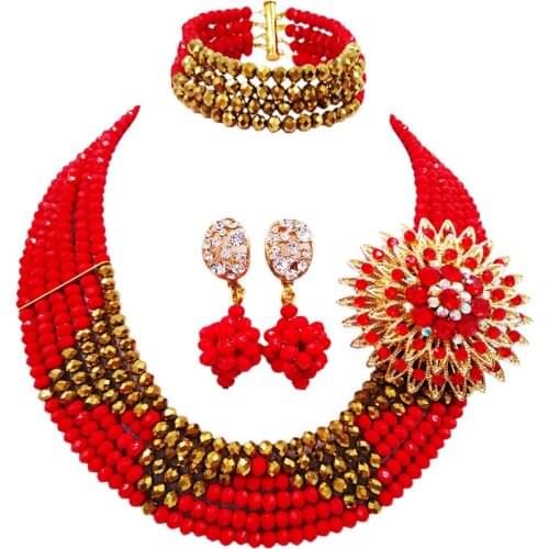 Opaque Red Golden Brown African Beads Jewelry Set Crystal Nigerian Wedding Party Costume Jewelry Sets 6SJ10