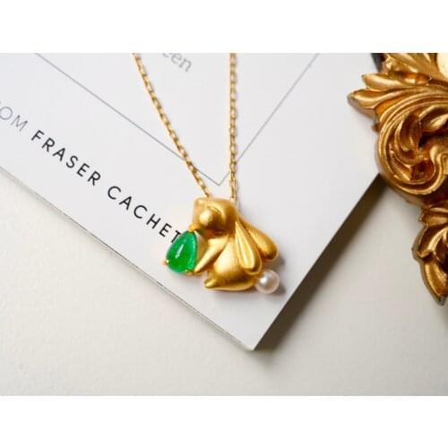 SX Solid 18K Gold Bunny Nature Green Emerald 0.15ct Gemstones Pendants Necklaces for Women Fine Jewelry for Women Gifts