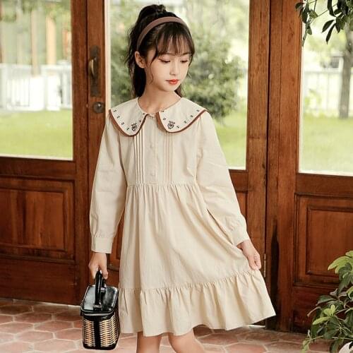 Girls Ruched Dress 2021 Fall New Teenage Girl Khaki Cotton Long Sleeve Princess Dresses Children Dress Clothing8 10 12 14 16Year