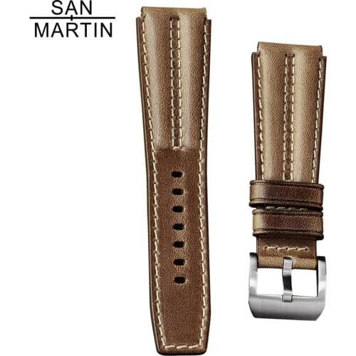 San Martin 22mm Leather Strap for Tuna SBBN015 Watch with Stainless Steel Bronze Buckle watch Band Universal replacement strap