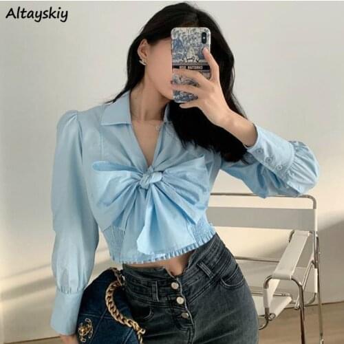Shirts Womens Simple Korean Style Bow Solid Fashionable Minority Autumn Long Sleeve Abdomen Short Blouses Ladies Casual Trendy