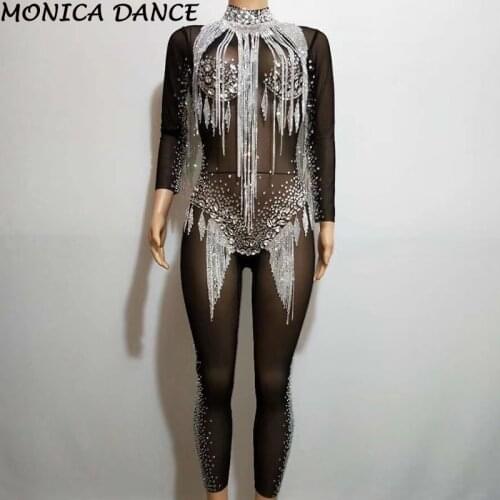 Sexy Rhinestone Tassel Mesh Costume Crystal Jumpsuit Sexy stretch leotard Rompers Shining Stone Sparkling Diamond Stage Wear