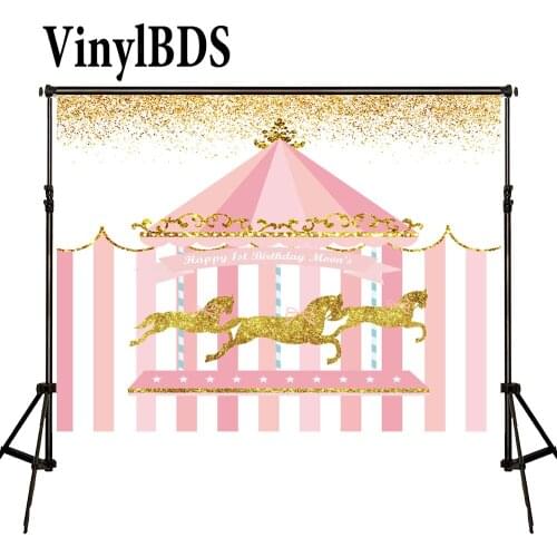 VinylBDS Pink 1st Birthday Children Backdrops Kids Golden Carousel Photography Backdrop Custom Circus Photo for Newborn Birthday