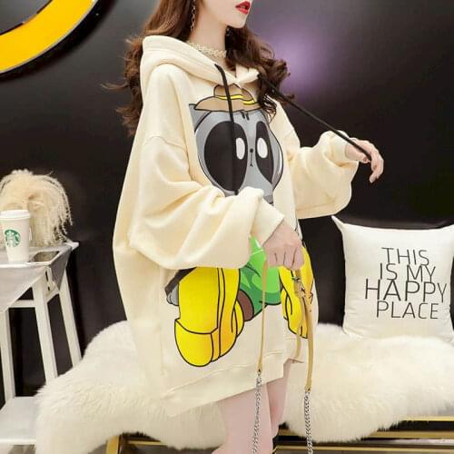 2021 Autumn Winter Plus Velvet Thickening Korean Cartoon Wild Hoodies Womens Loose Jacket Mid-length Ins Coat Tide Harajuku Top