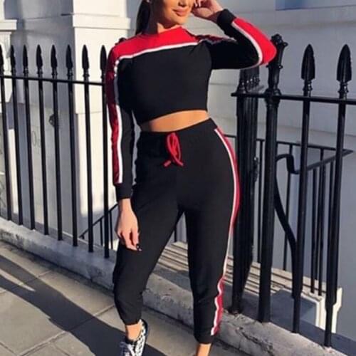 Womens Tracksuit Sportwear Patchwork Long Sleeve Crop Top Pullover + Drawstring Long Pants Yoga Fitness Sport Clothes Set
