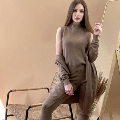 2021 New Autumn Winter Fashion Women Sets Three Piece Suits Knitted Cardigan Sweater + Vest + High Waist Casual Pants Set X602