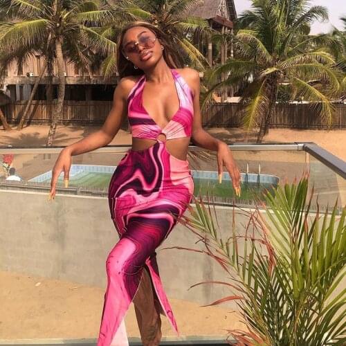 Women Dress Summer Beaches Halter Neck Backless Open Back Midi Sexy Elegant Cross Paisley Club Party Dresses Crop Top Bodycorn