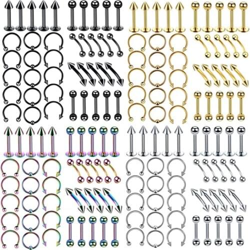 40Pcs Surgical Steel Bulk Nose Ring Tongue Bar Piercing Body Jewelry Eyebrow Labret Piercing Set Horseshoe Ring Lot Pack