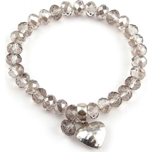 Free shipping 8mm shiny grey crystal glass beads with heart charm stretch women lady bracelet