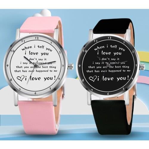 Letters Printed Watch Quartz Watch with PU Leather Strap I LOVE YOU Watch for Women Girls H9