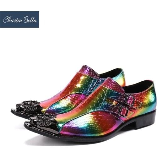 Christia Bella New Laser Rainbow Men Party Real Leather Shoes Metal Pointed Toe Man Wedding Dress Shoes Business Formal Shoes