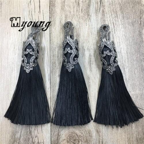 Long Black Tassel Fringe Pendants With Rhinestone Paved Cap ,BOHO Fashion Tassel Pendants For Women DIY Jewelry MY1933