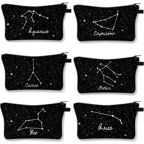 Twelve Constellations Zodiac Sign Cosmetic Case Women Beauty Makeup Bags Ladies Zipper Pouch Lipstick Bag Girls Cosmetic Case