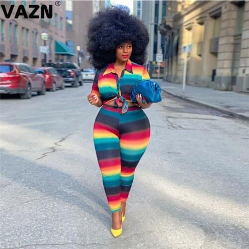 VAZN 2021 Hot High-end Overalls Plus Size Soft Elastic Sexy Young Shirt Full Sleeve Top Long Pants Slim Women 2 Piece Set